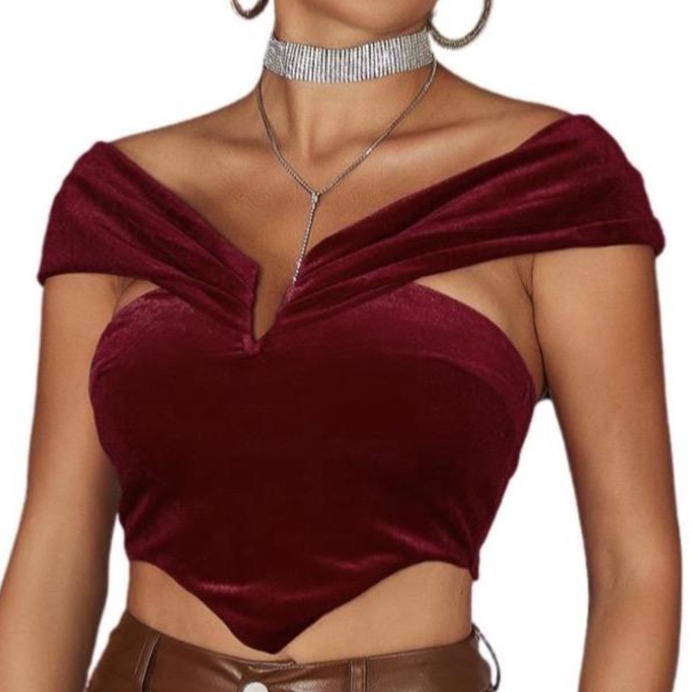 Velvet Off the Shoulder Cropped Top. Burgundy. NWT